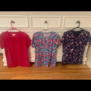 Scrub tops x6 and 1 set of healing hands scrubs